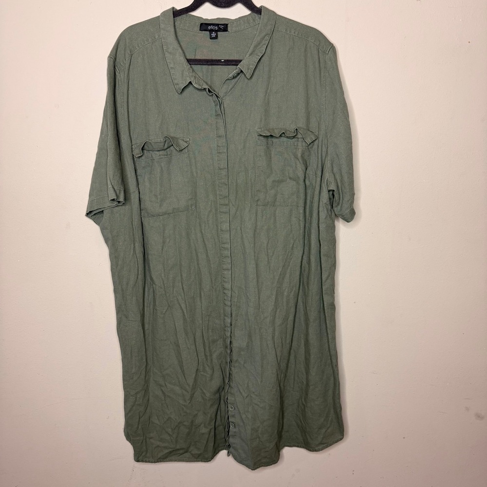 Ellos Shirt Dress Womens 28‎ Olive Green Linen Blend Utility Roll Tab Sleeve